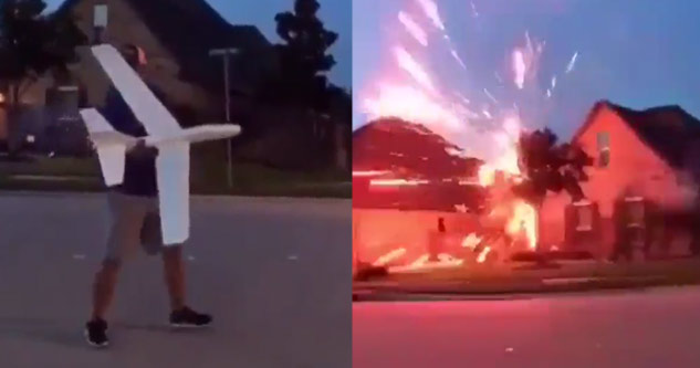 Guy Hits Neighbor's House With a Firework-Airplane Mortar