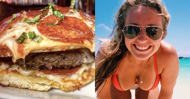 pizza burger and bikini babe leaning in