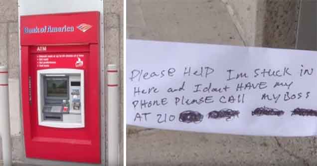 atm machine with a note from someone trapped inside