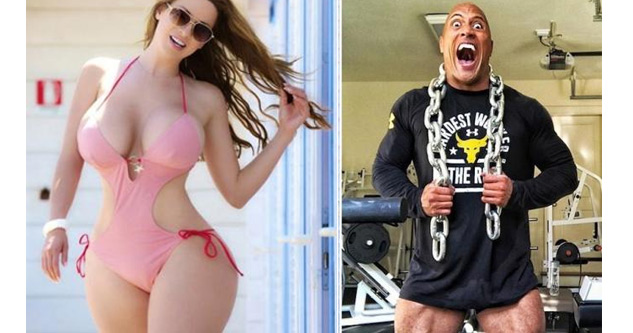 busty woman in pink bikini next to dwayne rock johnson