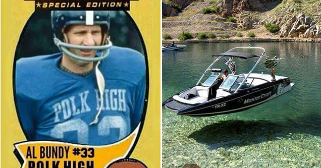 Al Bundy as football player and Boat that appears to be floating in the air above the clear waters