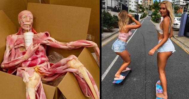 a skinless body sitting in a box with two babes skateboarding