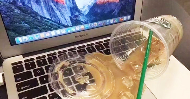 starbucks ice coffee spilled on laptop