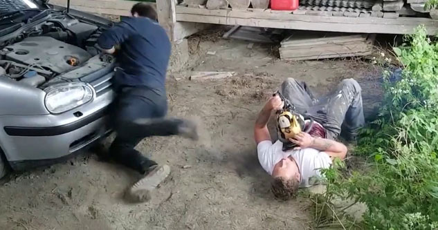 man faints after chainsaw prank