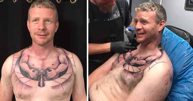 trucker gets a small trucker tattoo on his chest