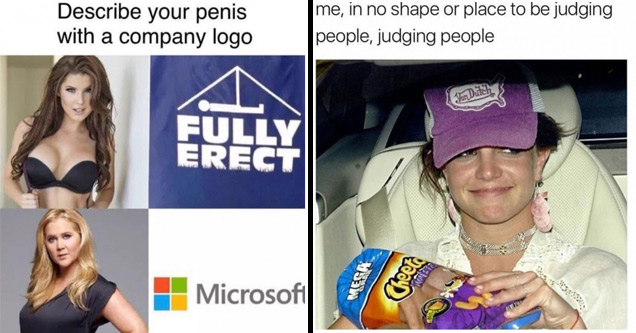 dank meme of hot girl asking to describe your penis with company logo FULLY ERECT compared to Amy Schumer Microsoft and also pic of Britney Spears eating junk food and judging people