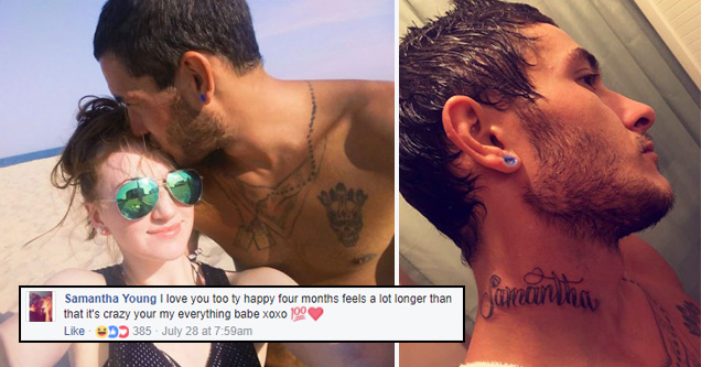 guy with neck tattoo of girlfriends name