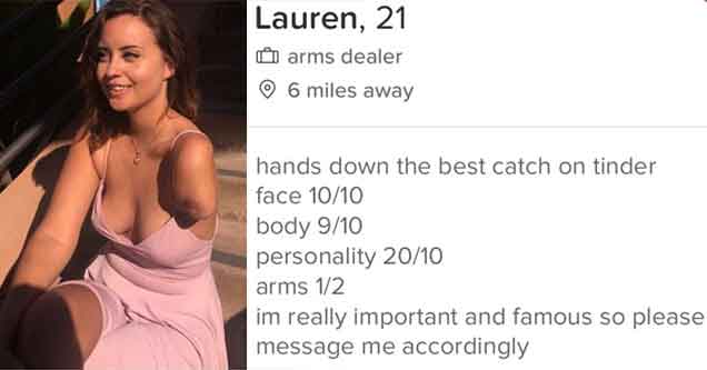 girl with one arm tinder - Lauren, 21 O arms dealer 6 miles away hands down the best catch on tinder face 1010 body 910 personality 2010 arms 12 im really important and famous so please message me accordingly