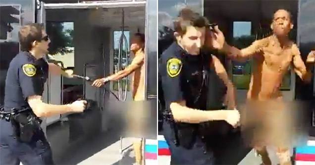 Naked man on train smacking cop