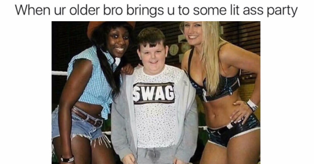 kid in swag shirt with hot wrestler girls