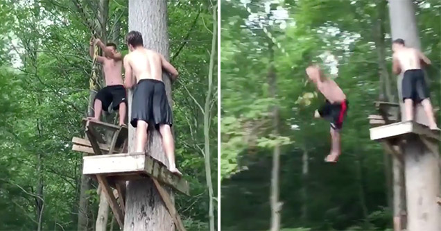 Kids swinging on homemade rope swing over solid ground