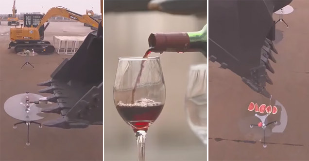 Pouring a glass of wine using excavator in China