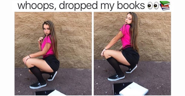 girl posing in front of dropped books