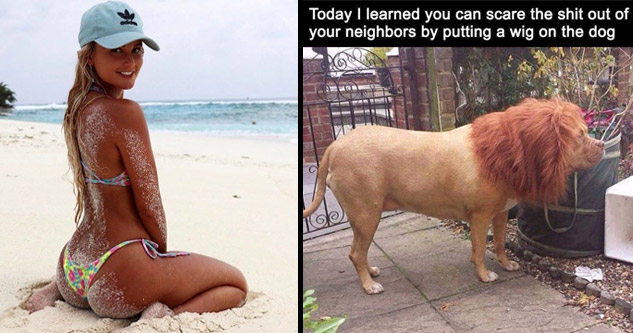 sexy girl on beach and dog that looks like a lion