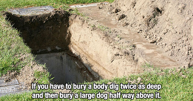 unethical life hacks | Unethical lifehack that says If you have to bury a body dig twice as deep and then bury a large dog half way above it.