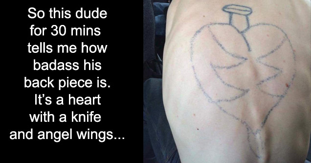 text about guy bragging on tattoo and picture of crappy tattoo