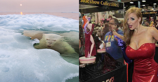 Cool pics - bear emerging from ice and woman that looks like Jessica Rabbit