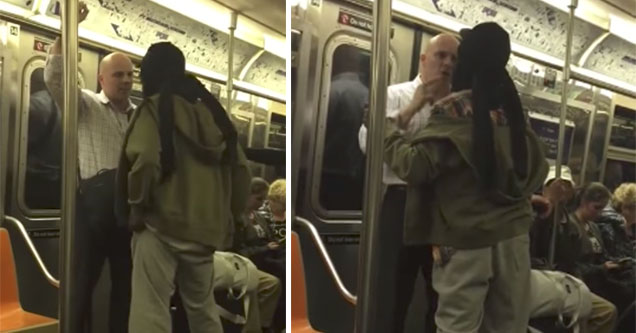 gangster and a business man go nose to nose in a subway stand off