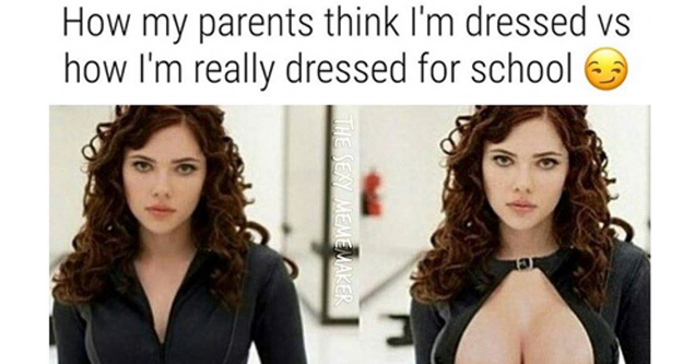 Savage funny meme about how the parents think I dress for school VS how I am really dressed, with two very different amounts of cleavage showing - image meme g0kv7q5y1 funny pic