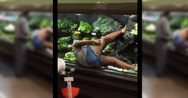 woman bathes in produce section