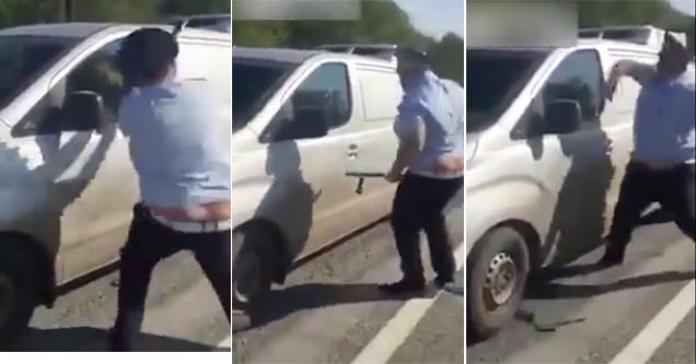 fat cop in small shirt fails at breaking driver's window