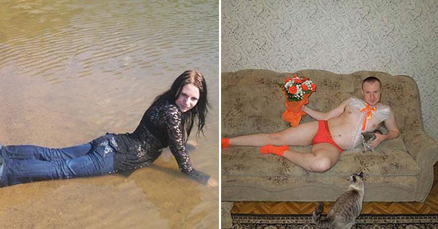 sexy fail woman in puddle - man on couch with orange underwear and matching socks