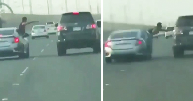 guy jumping out of car on freeway