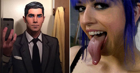 Man cosplaying as Archer and girl with freakish long tongue