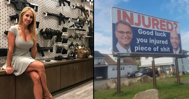 Hot girl selling assault rifles and funny injury lawyer billboard