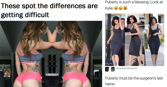 memes with spot the difference on hot girls and Kylie Jenner having a surgeon named puberty