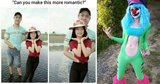 Funny photoshop to make pic more romantic and hot girl clown