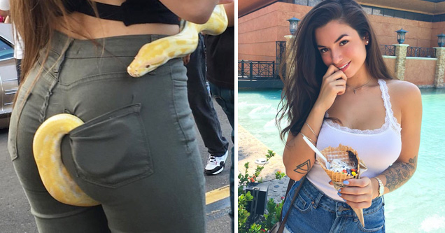 snake coming out of a person's pocket and woman in white top eating ice cream