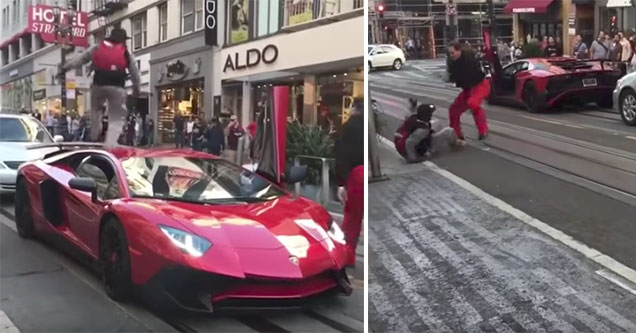 dudes gets rekt after jumping on this guys Lambo