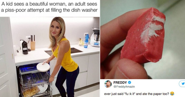 newest memes - A kid sees a beautiful woman, an adult sees a pisspoor attempt at filling the dish washer | twitter memes growing up black - Freddy y ever just said