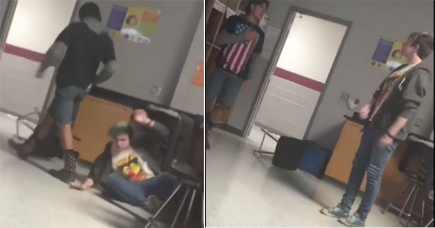 guy leg kicks his classmates chair