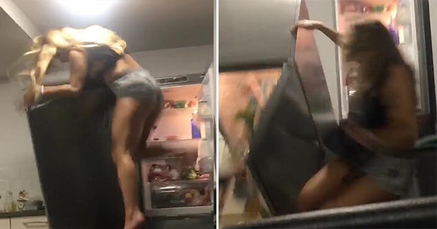 drunk girl falls off fridge