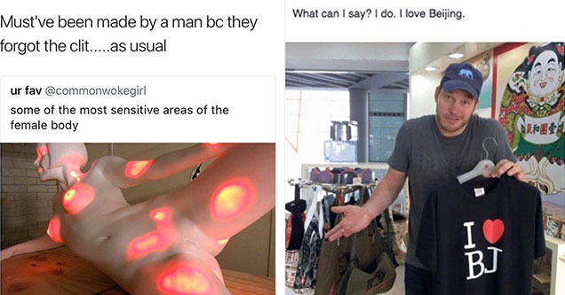 female figure heat map and guy holding shirt that says i love bj