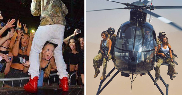 woman between a singer's legs and army women riding a helicopter