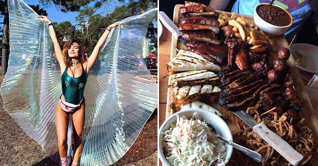 woman with wings and table full of food