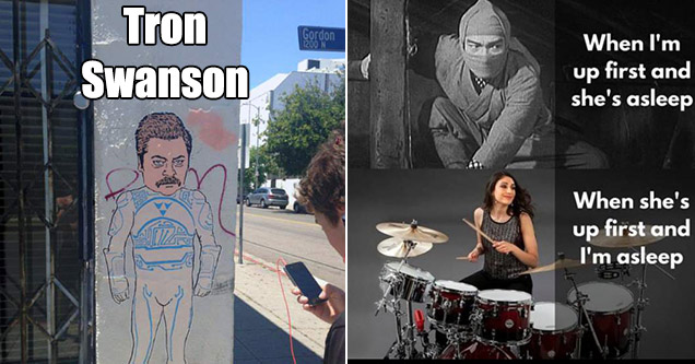 ron swanson as tron character and female drum player