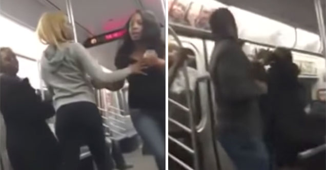 3 drunk chick fight guy on nyc train