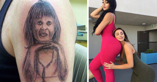 bad tattoo and woman resting her head on another woman's backside