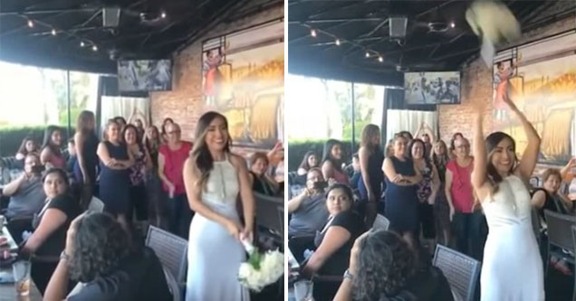 bride throws her wedding bouquet right into the ceiling fan