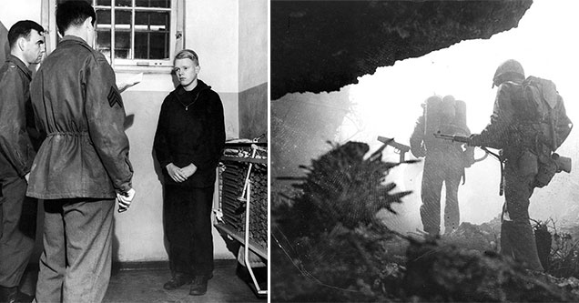 historical pictures that shine a light on the past | 16-year-old Hitler Youth member K. Punzeller listens as an American sergeant translates his verdict of life sentence in prison for espionage, 1945 | okinawa wwii caves