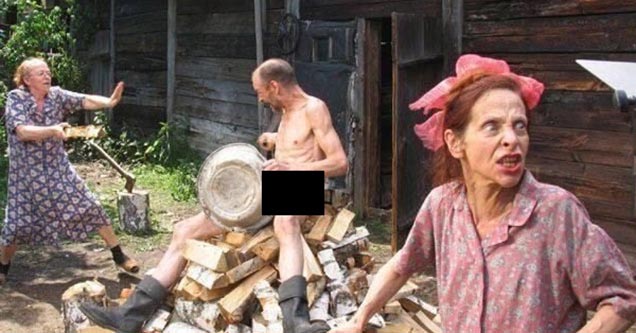 russia scene of an angry woman and a naked man standing in the background