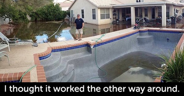 empty pool next to a yard that has been flooded