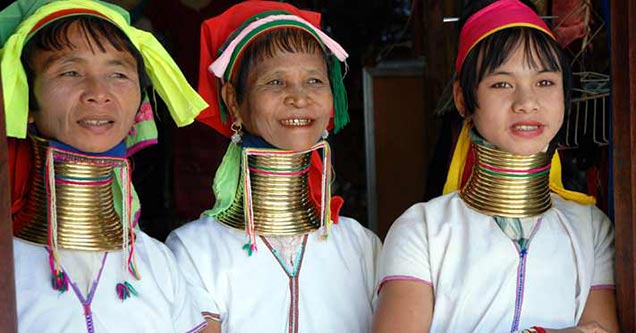 In Kayan culture of Burma, long, graceful necks are considered as symbols of beauty and elegance. Women belonging to this ancient culture wear multiple brass rings coiled around the neck from a very young age and the number of rings increase as the woman 