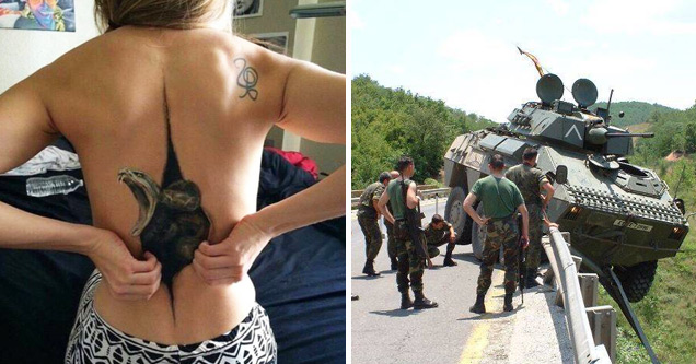 back tattoo in the shape of a snake and military tank falling from road