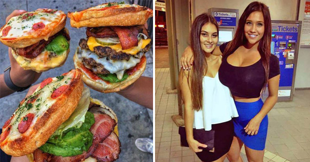 sandwiches and two girls posing