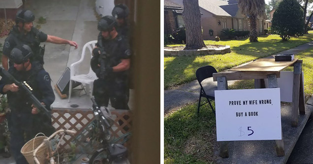 cops at a house, sign that says 